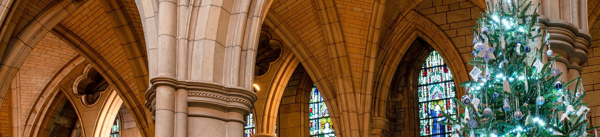A photograph of the tops of some of Truro Cathedral's pointed arches, with stained glass windows in the background. In the foreground, to the right hand side, there is a Christmas tree.