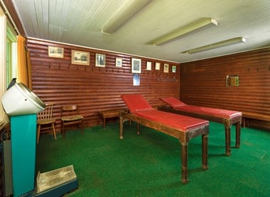 Interior of a wooden room, with forest green carpeting and two red leather massage tables. 