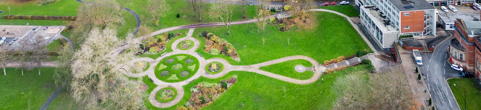 A city public park with gardens photographed from above