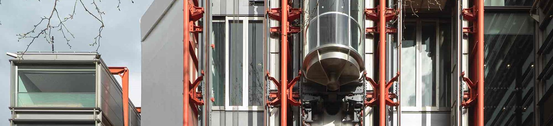 Detail of the exterior lift on the side of a building
