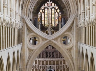 Elevated general view of the interior of Wells Cathedral.